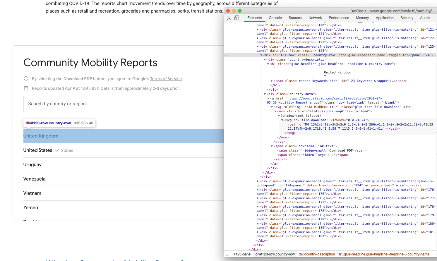 Screenshot of the Google Mobility Report