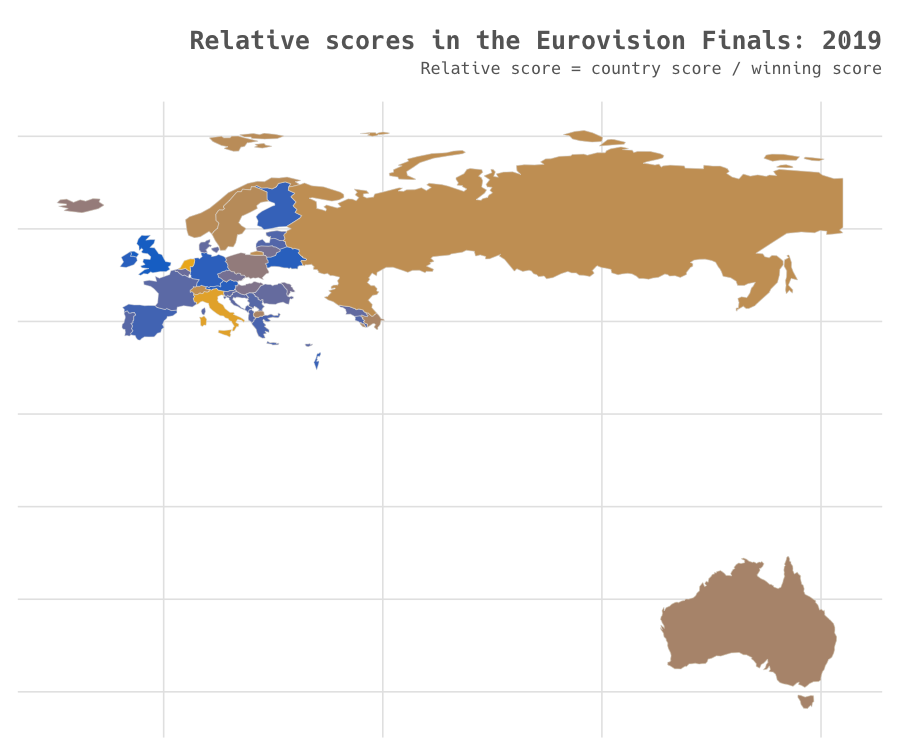 Map of countries participating in the 2019 Eurovision Song Contest Grade Final coloured according to their score