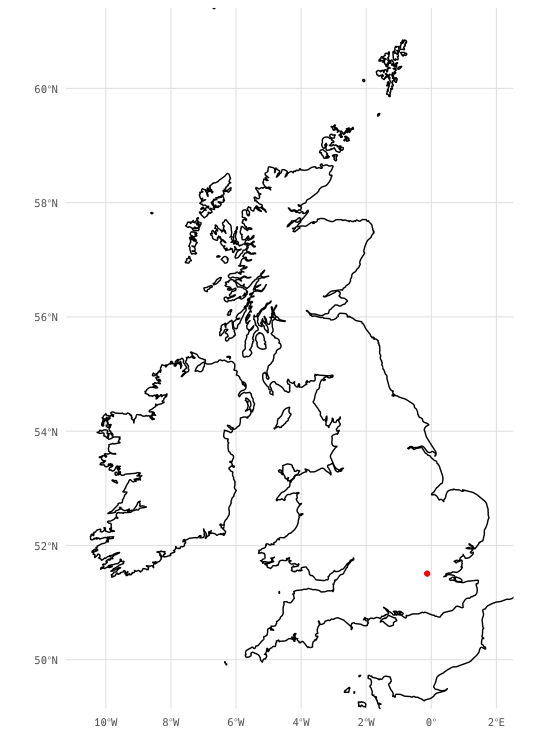 Plot of the world_coastline object zoomed in to Great Britain with London's kilometre zero reference point