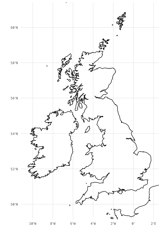 Plot of the world_coastline object zoomed in to Great Britain