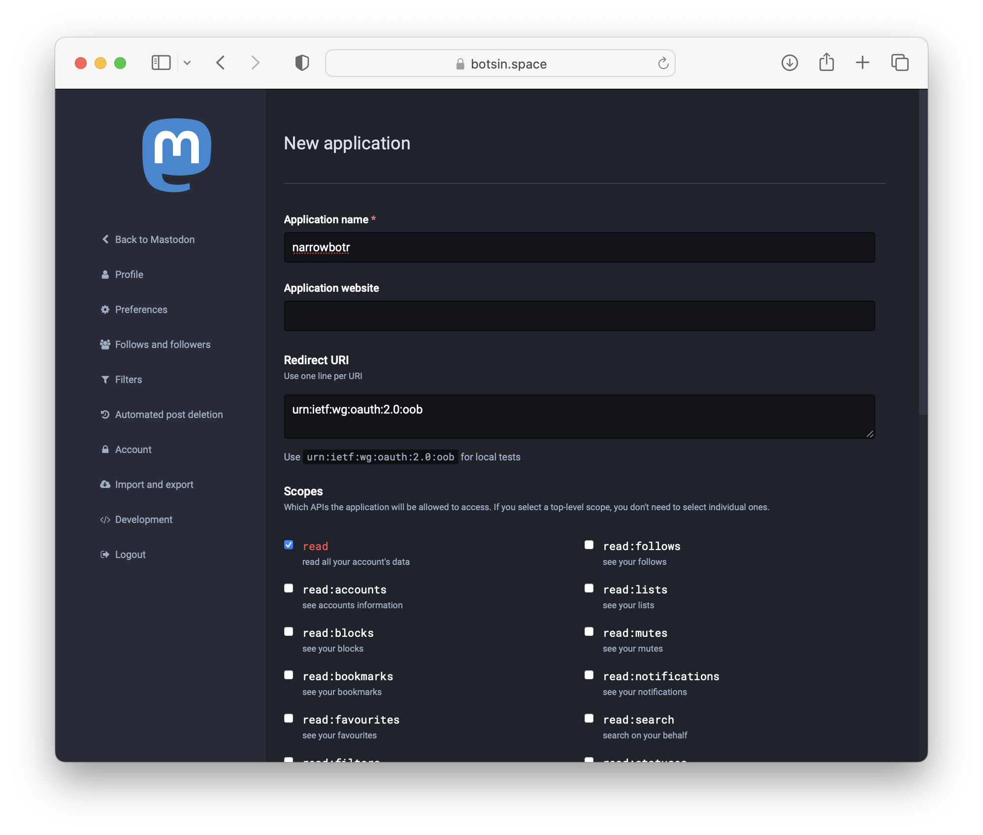 Screenshot of the page to register a new application with the Mastodon API.