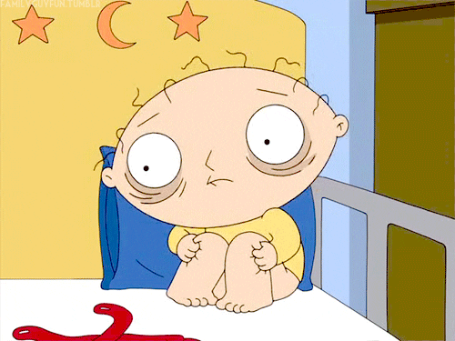 Animated GIF of Stewie Griffin (from Family Guy) looking tired and rocking back and forth in his cot